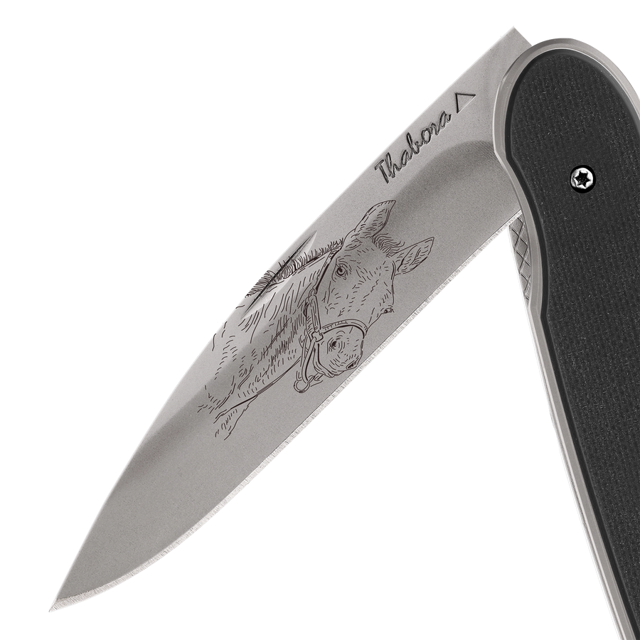 Couteau acier finition titane gris plaquette pleine résine g10 noir motif «poulain»