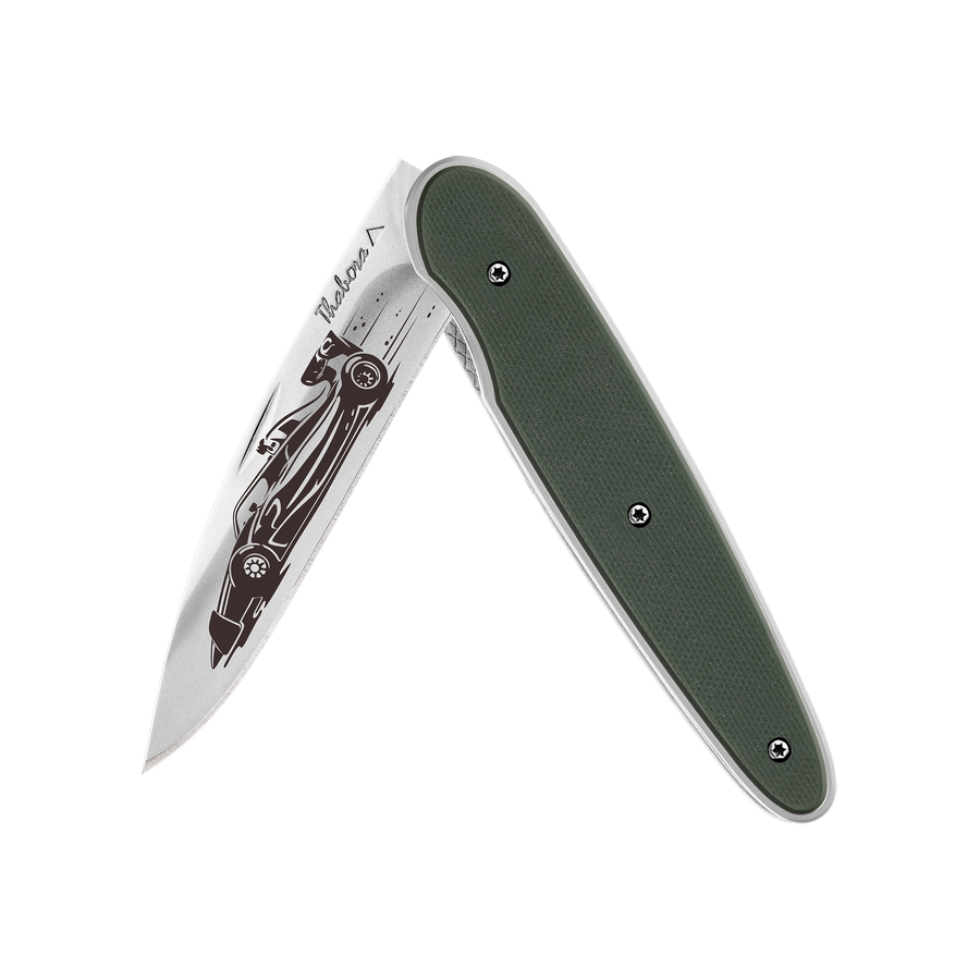 Couteau acier finition brillante plaquette pleine résine g10 kaki motif «formule 1»