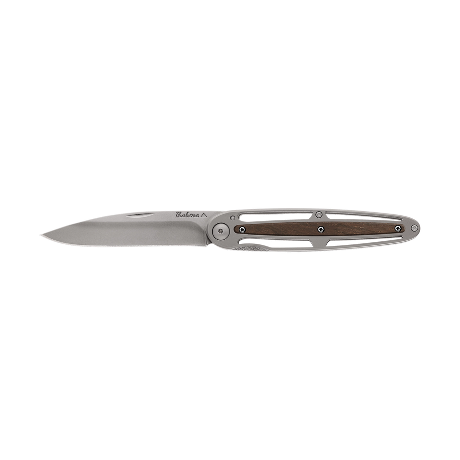 Couteau acier finition titane gris plaquette centrale bois foncé