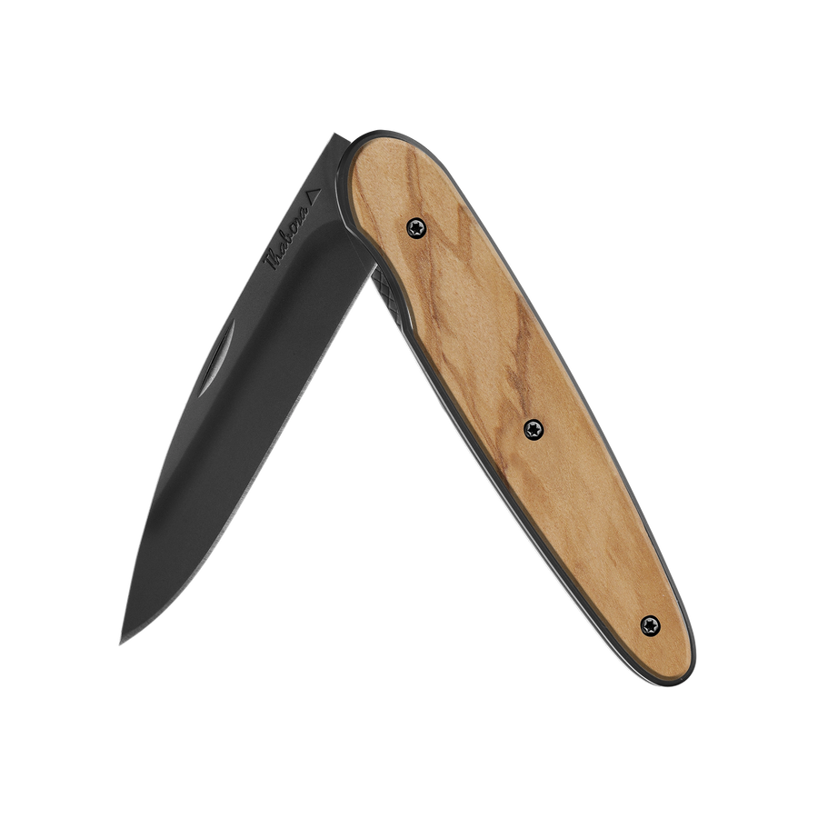 Couteau acier finition titane noir plaquette pleine bois clair