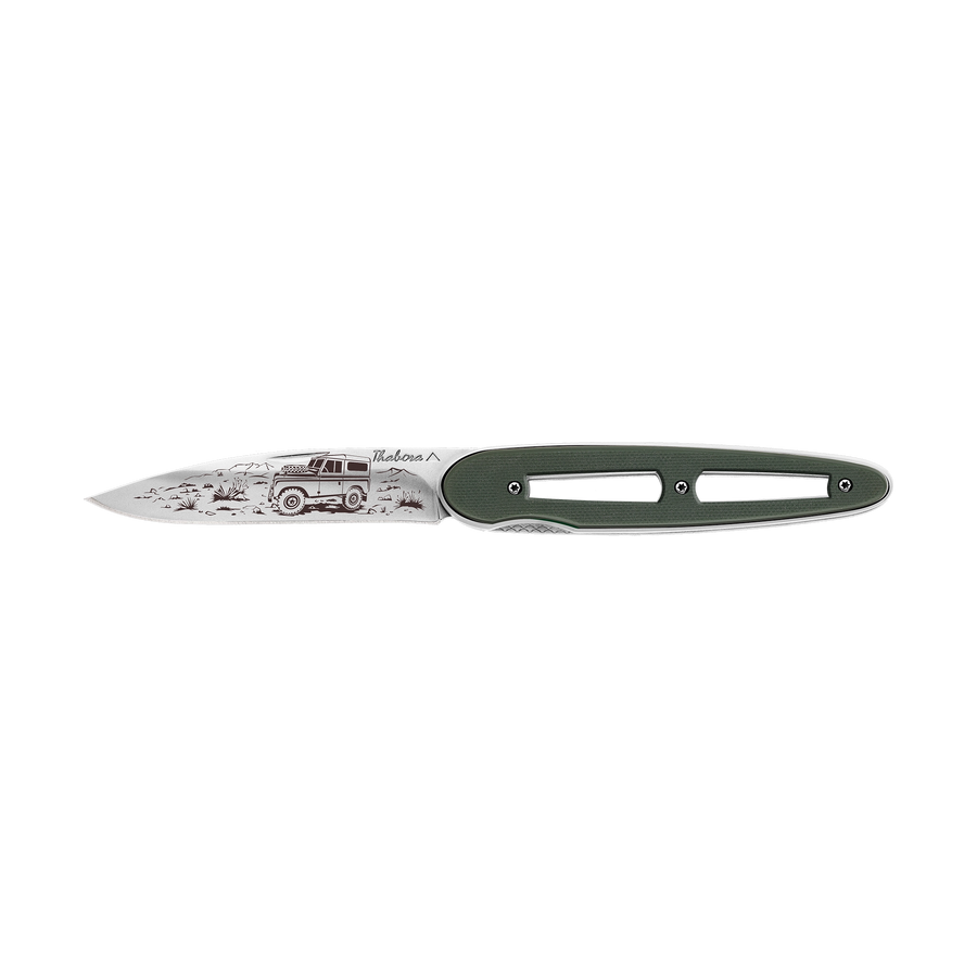 Couteau acier finition brillante plaquette ajourée résine g10 kaki motif «4x4»