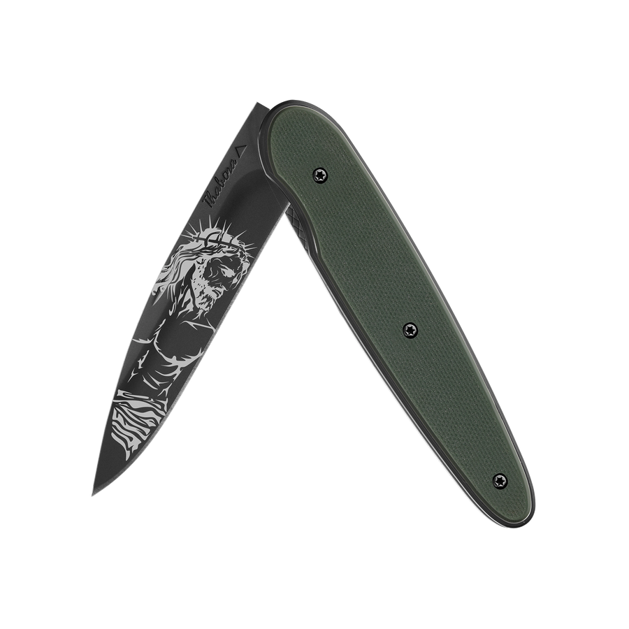 Couteau acier finition titane noir plaquette pleine résine g10 kaki motif «christ»