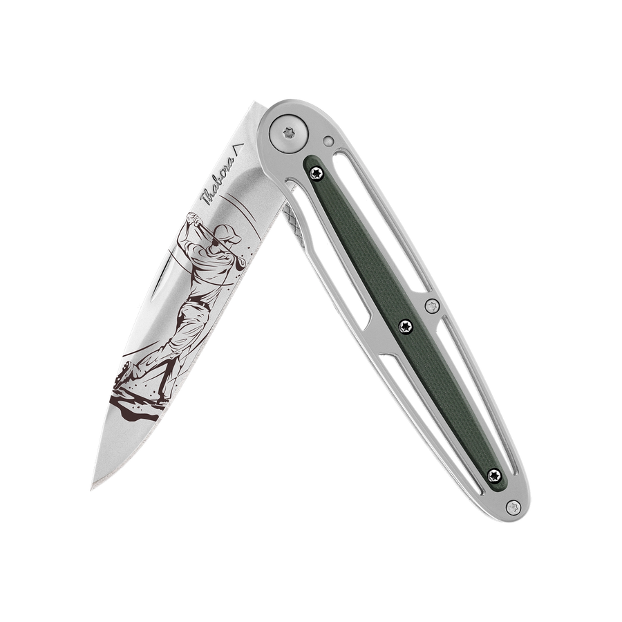 Couteau acier finition brillante plaquette centrale résine g10 kaki motif «golfeur»