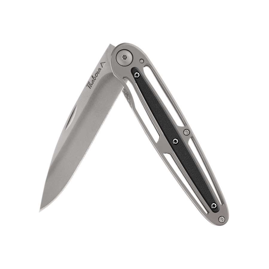 Couteau acier finition titane gris plaquette centrale résine g10 noir