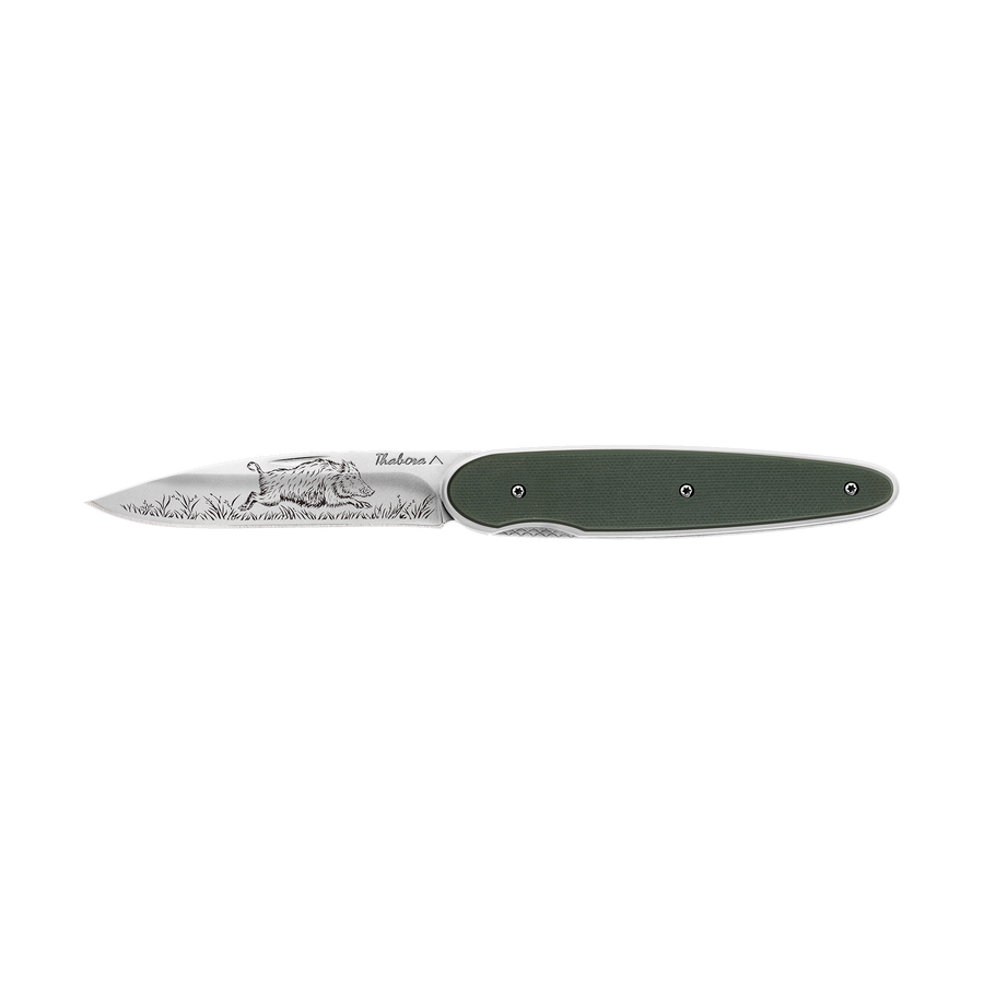 Couteau acier finition brillante plaquette pleine résine g10 kaki motif «sanglier»