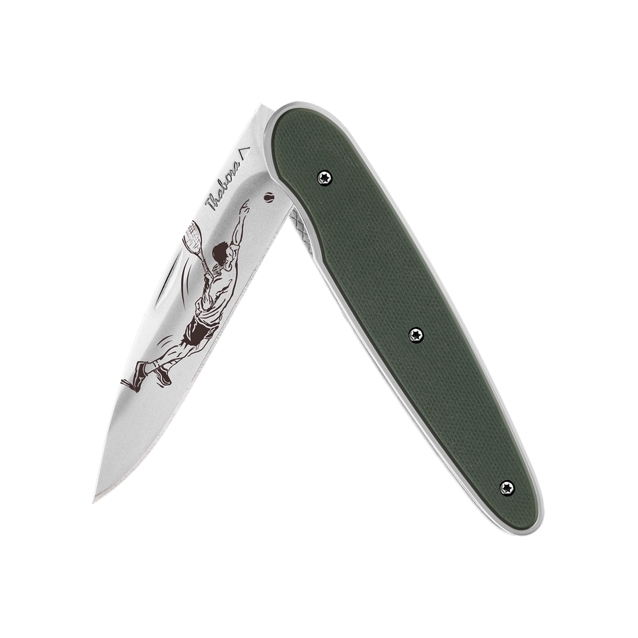 Couteau acier finition brillante plaquette pleine résine g10 kaki motif «tennisman»