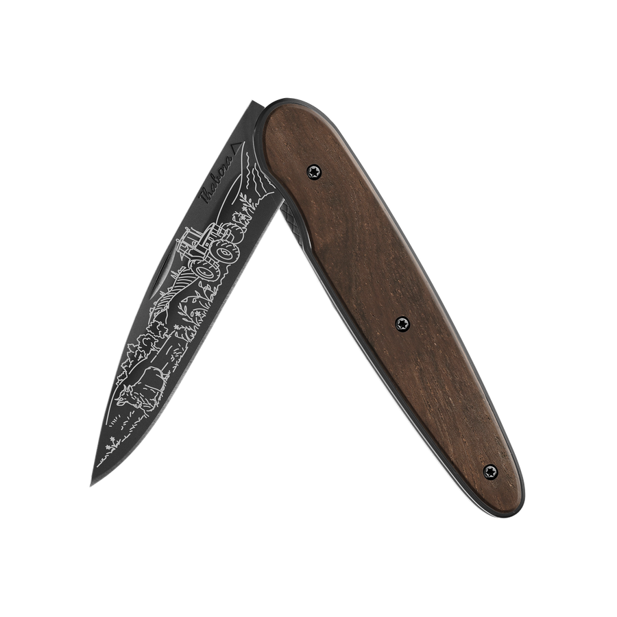 Couteau acier finition titane noir plaquette pleine bois foncé motif «campagne»