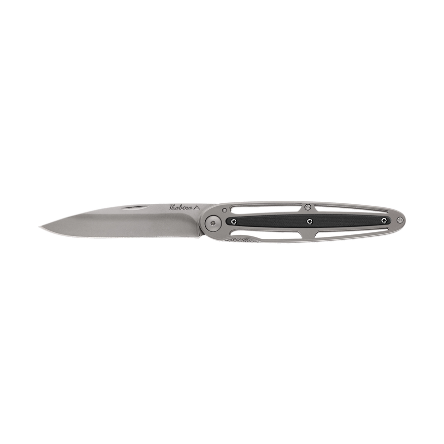 Couteau acier finition titane gris plaquette centrale résine g10 noir