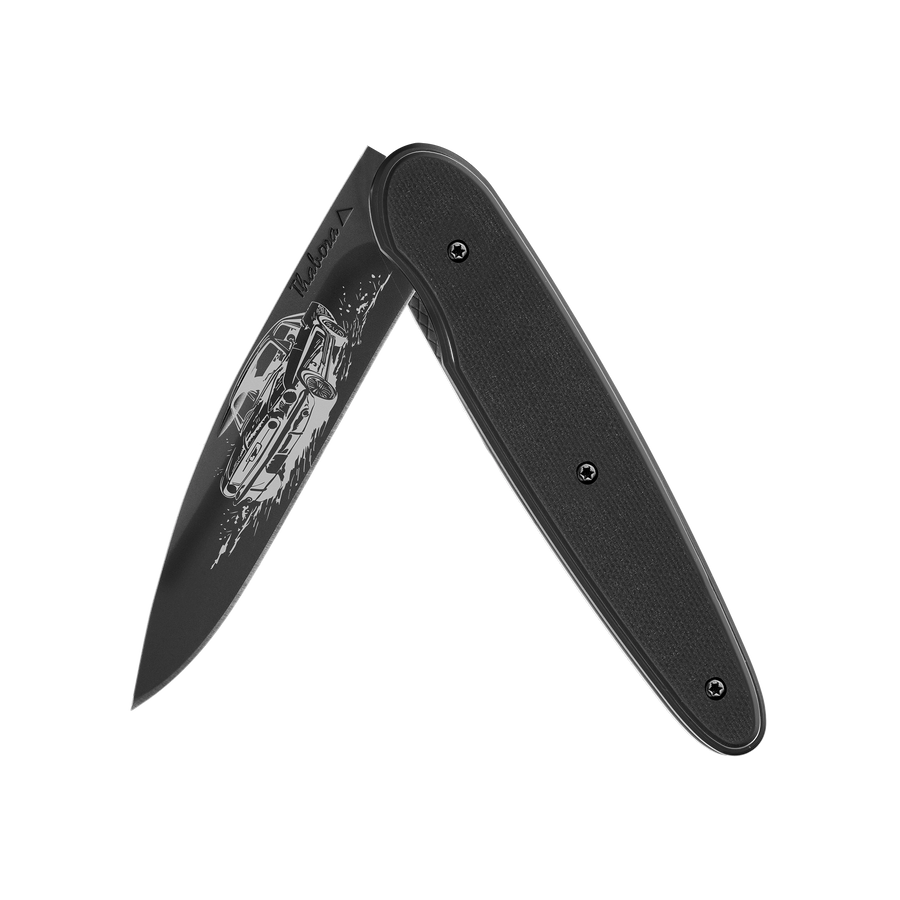 Couteau acier finition titane noir plaquette pleine résine g10 noir motif «voiture américaine»