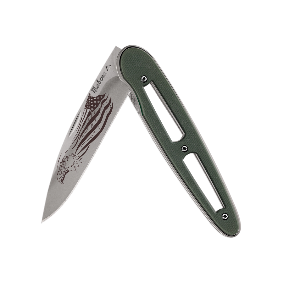 Couteau acier finition titane gris plaquette ajourée résine g10 kaki motif «aigle américain»