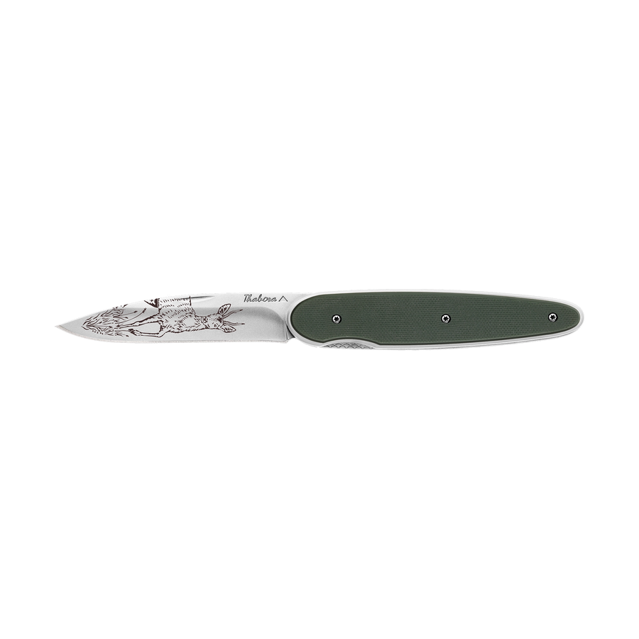 Couteau acier finition brillante plaquette pleine résine g10 kaki motif «chevreuil brocard»
