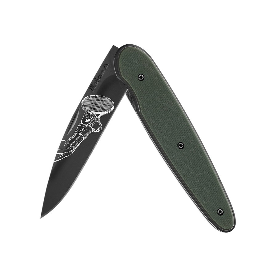 Couteau acier finition titane noir plaquette pleine résine g10 kaki motif «raquette»