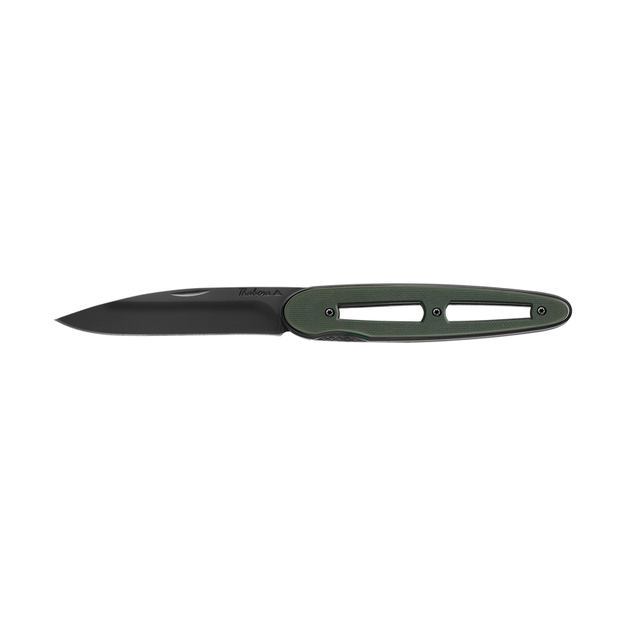 Couteau acier finition titane noir plaquette ajourée résine g10 kaki
