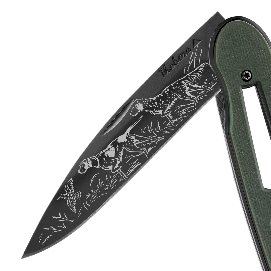 Couteau acier finition titane noir plaquette ajourée résine g10 kaki motif «chiens d'arrêt»