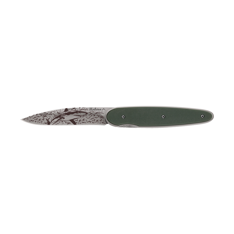 Couteau acier finition titane gris plaquette pleine résine g10 kaki motif «requin»