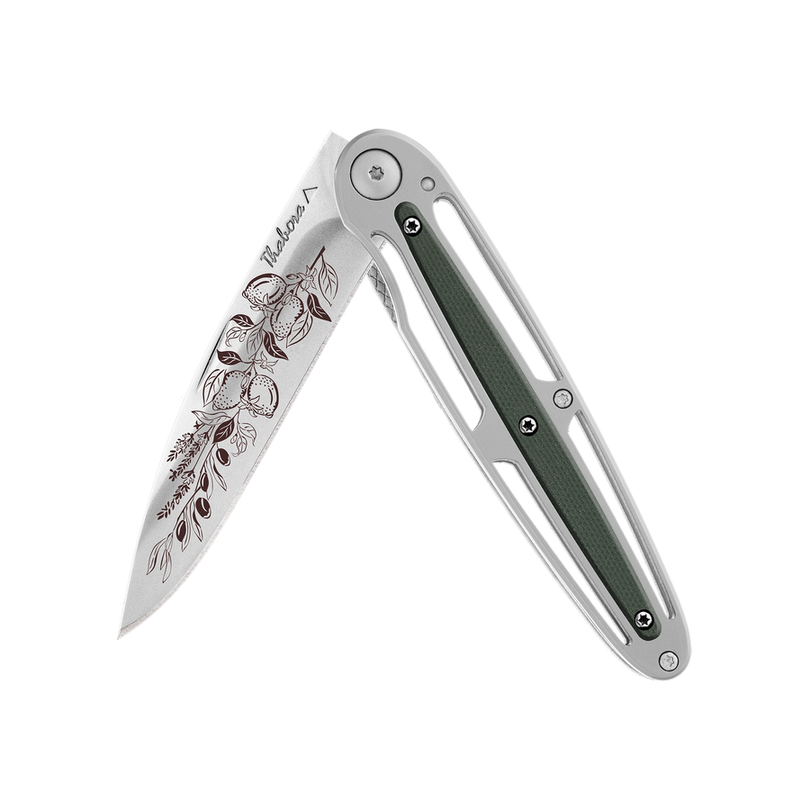 Couteau acier finition brillante plaquette centrale résine g10 kaki motif «provencal»