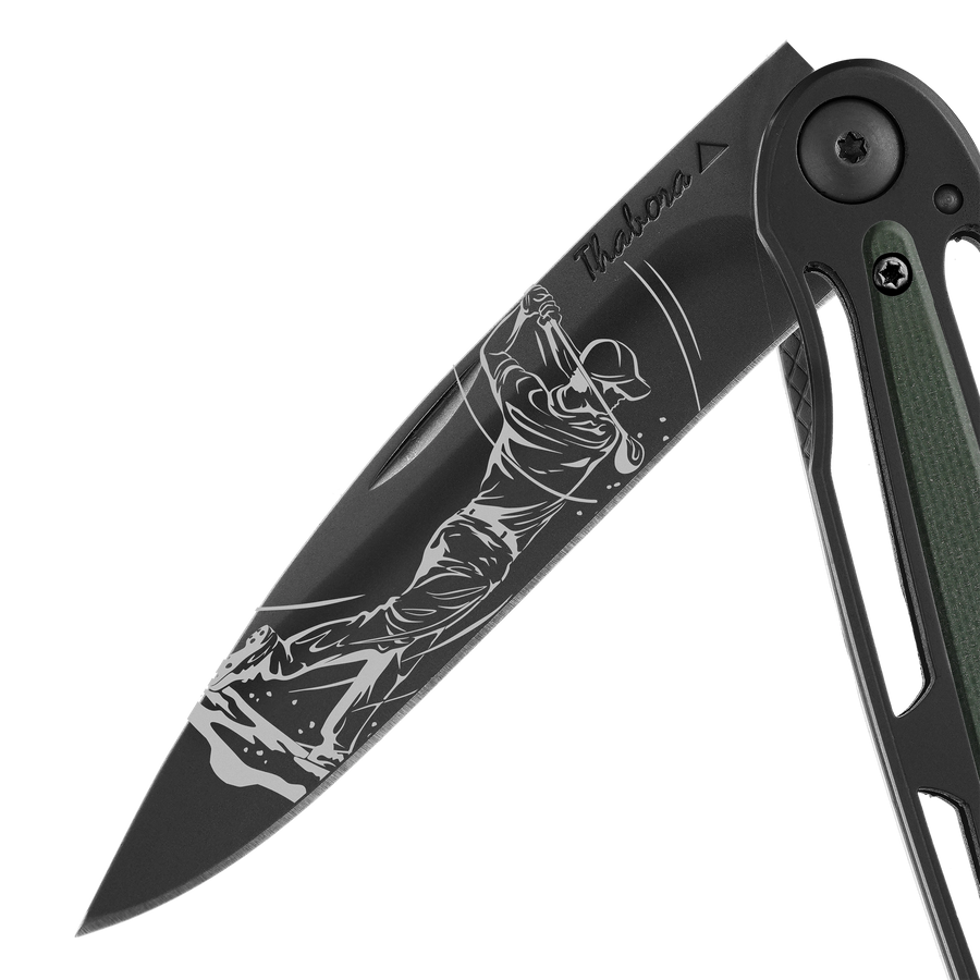 Couteau acier finition titane noir plaquette centrale résine g10 kaki motif «golfeur»