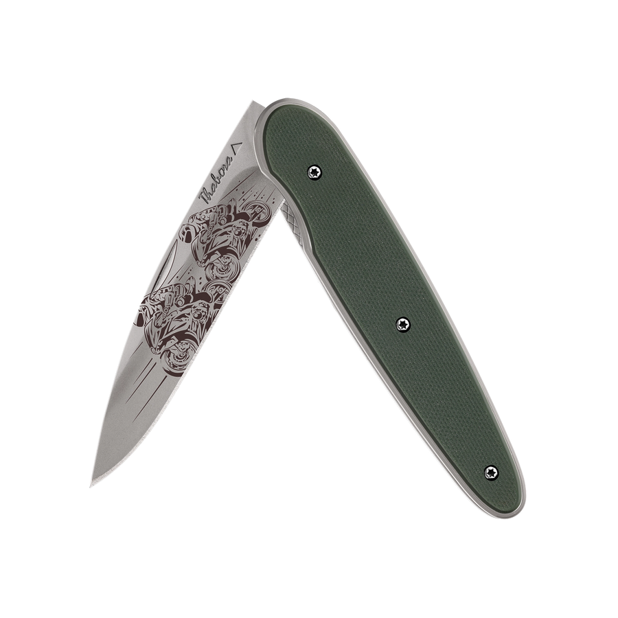 Couteau acier finition titane gris plaquette pleine résine g10 kaki motif «motos de course»