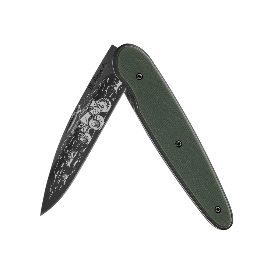 Couteau acier finition titane noir plaquette pleine résine g10 kaki motif «quad»