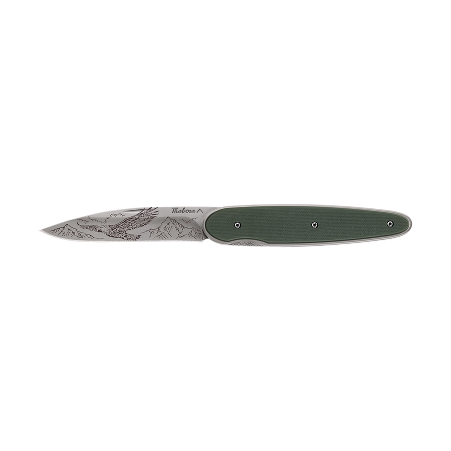 Couteau acier finition titane gris plaquette pleine résine g10 kaki motif «aigle»