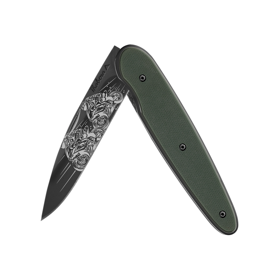 Couteau acier finition titane noir plaquette pleine résine g10 kaki motif «motos de course»