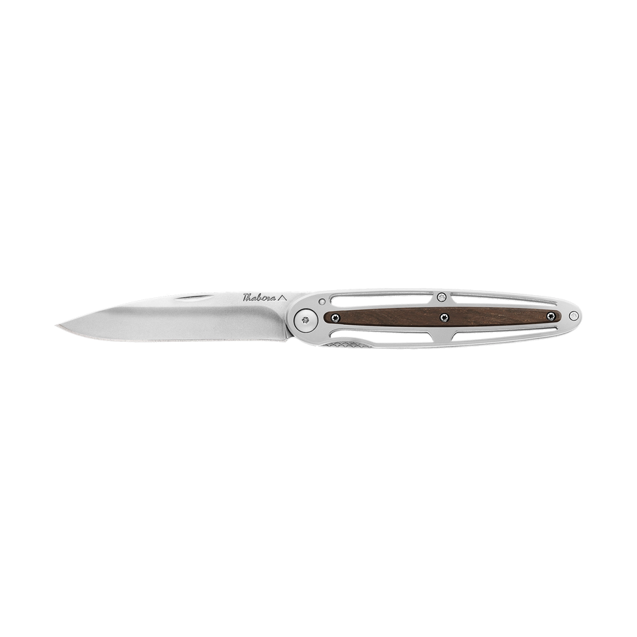 Couteau acier finition brillante plaquette centrale bois foncé
