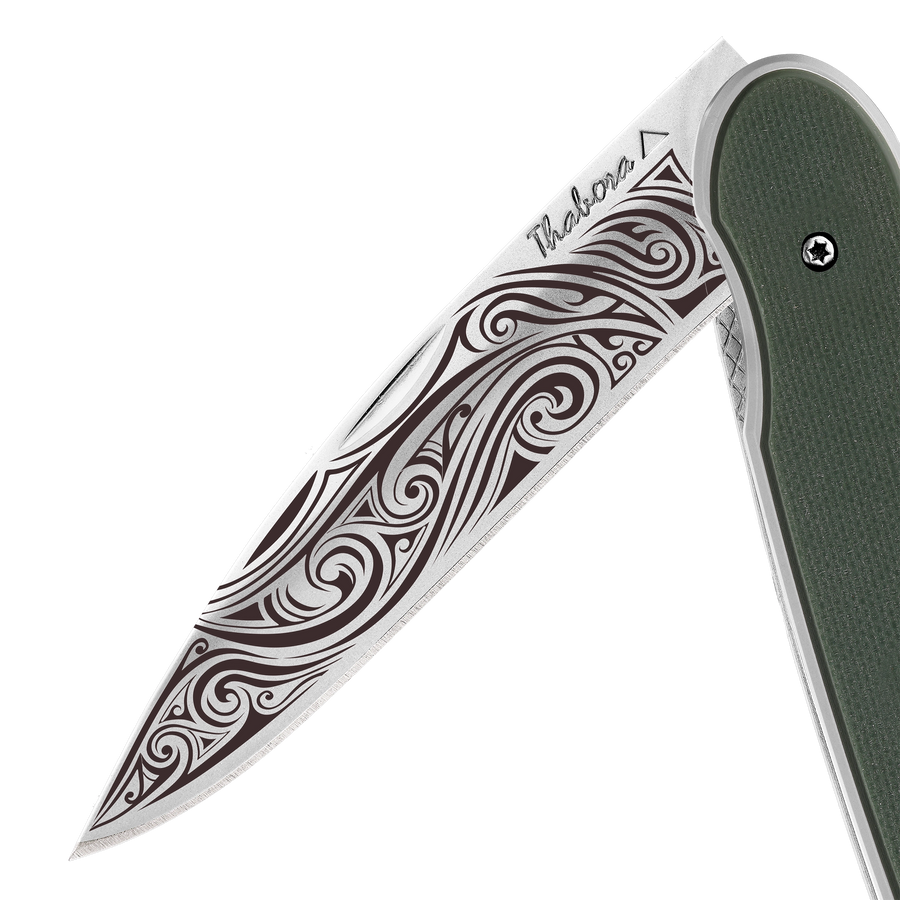 Couteau acier finition brillante plaquette pleine résine g10 kaki motif «volutes»