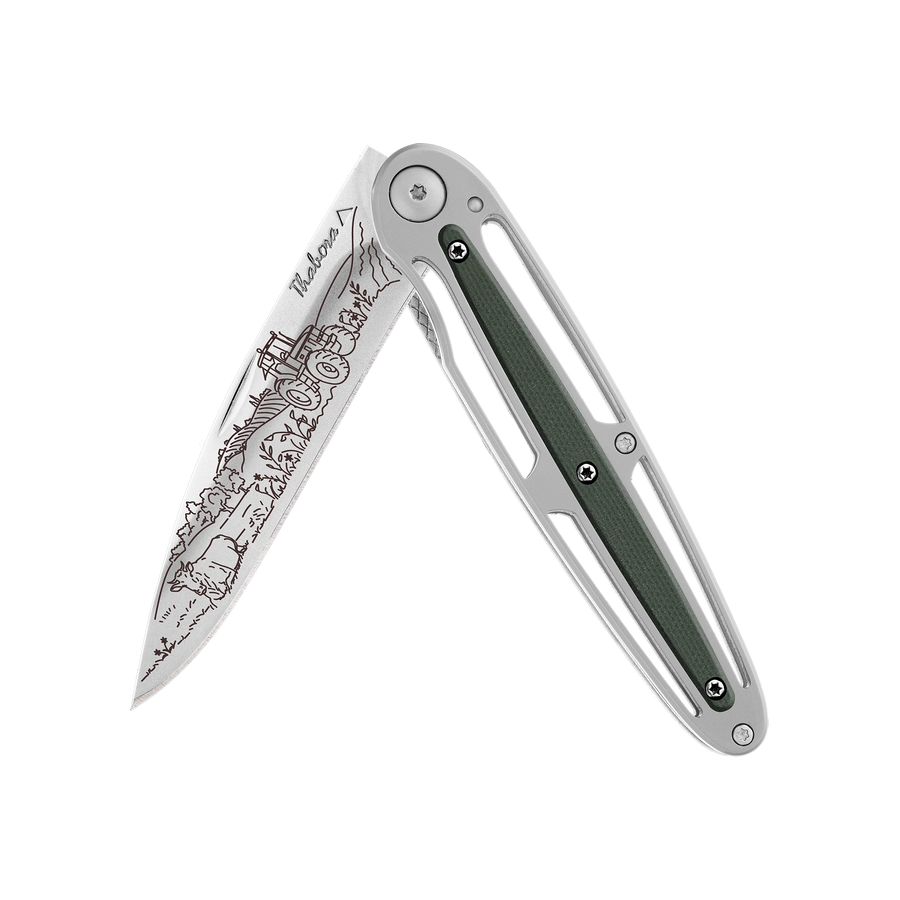 Couteau acier finition brillante plaquette centrale résine g10 kaki motif «campagne»