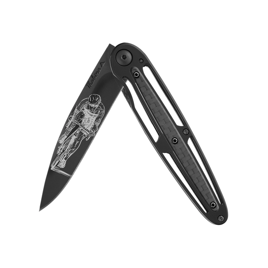 Couteau acier finition titane noir plaquette centrale carbone motif «cycliste»