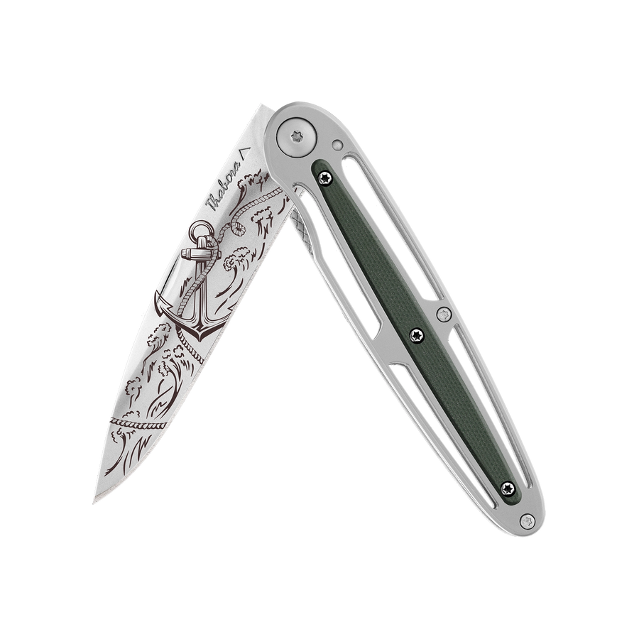 Couteau acier finition brillante plaquette centrale résine g10 kaki motif «ancre»