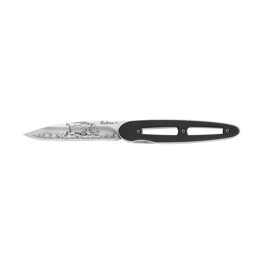 Couteau acier finition brillante plaquette ajourée résine g10 noir motif «sanglier»