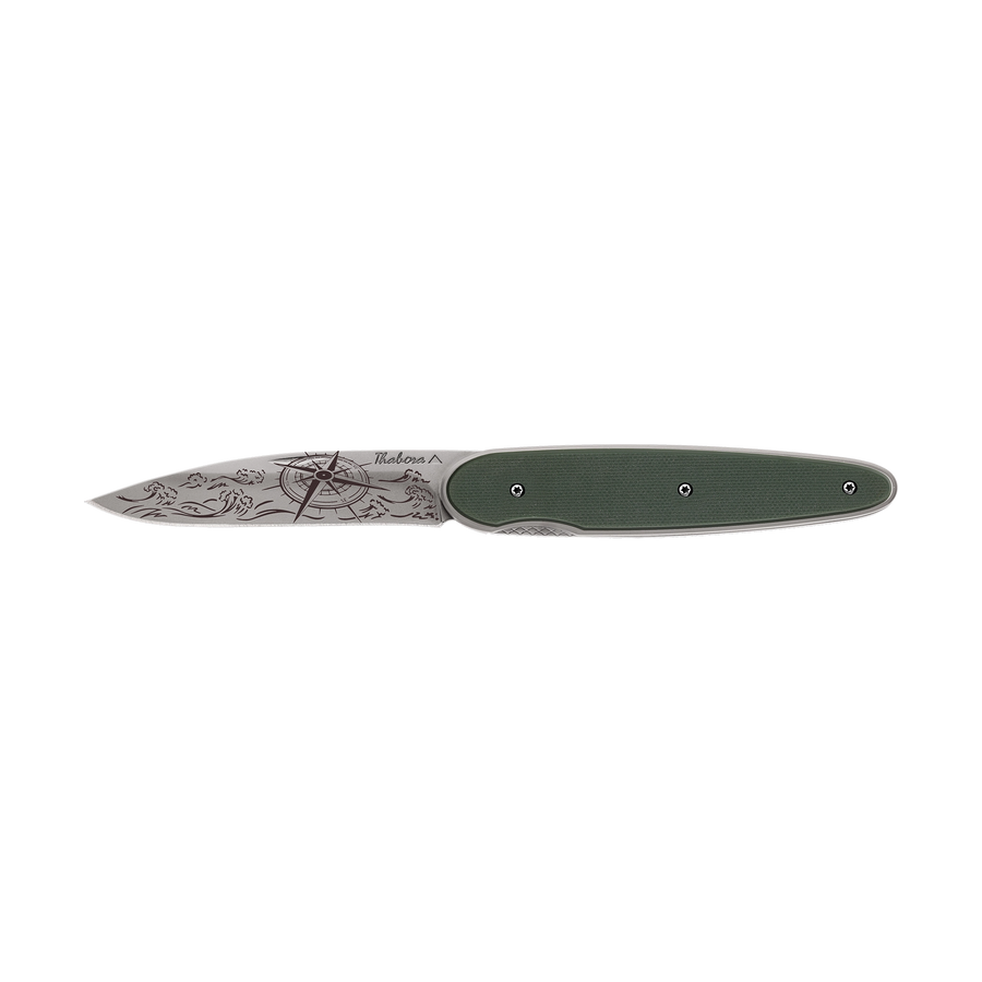 Couteau acier finition titane gris plaquette pleine résine g10 kaki motif «navigation»
