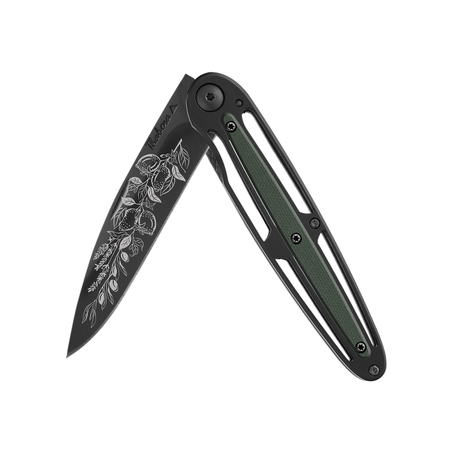 Couteau acier finition titane noir plaquette centrale résine g10 kaki motif «provencal»