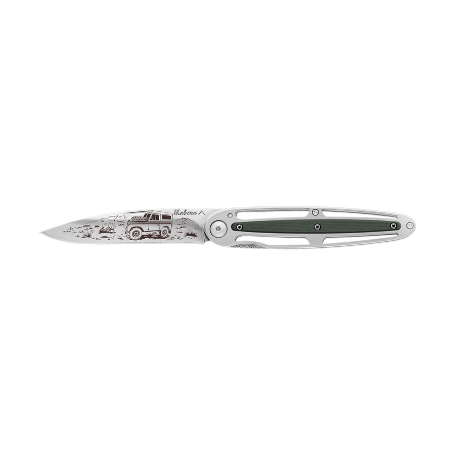 Couteau acier finition brillante plaquette centrale résine g10 kaki motif «4x4»
