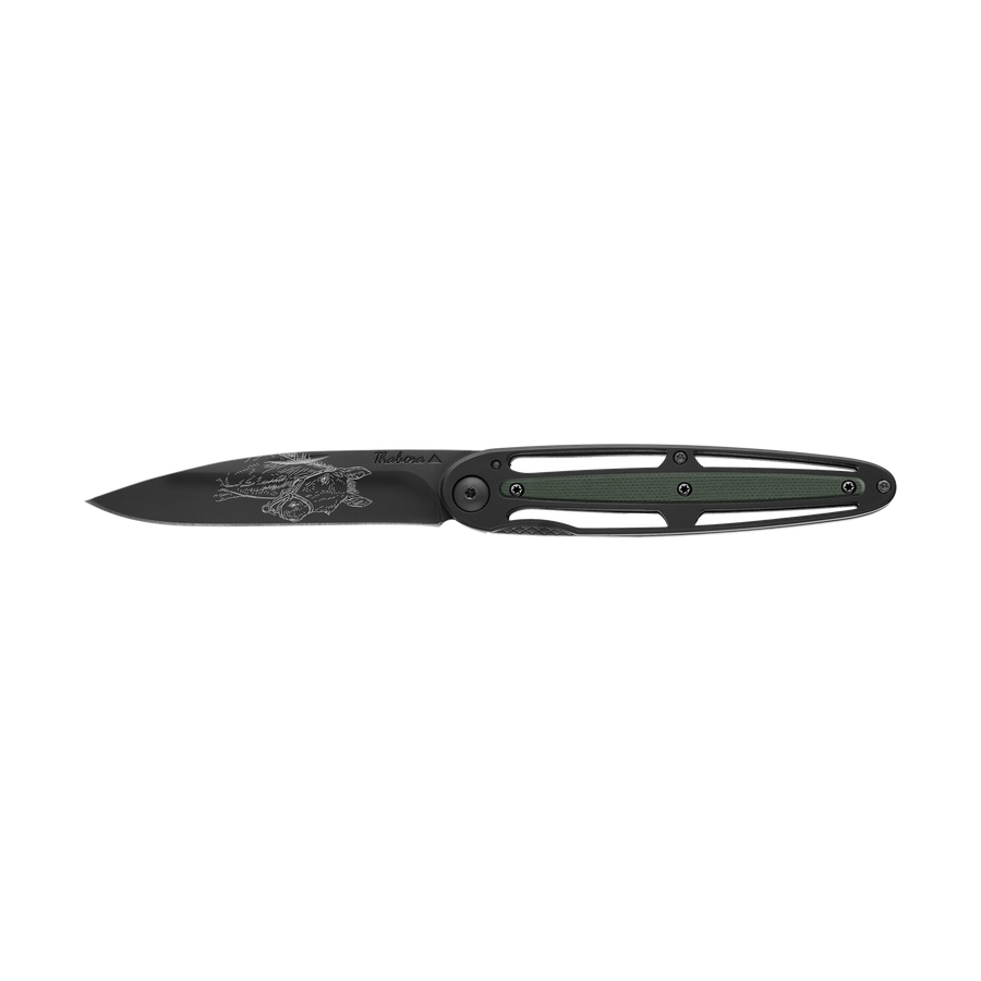Couteau acier finition titane noir plaquette centrale résine g10 kaki motif «poulain»