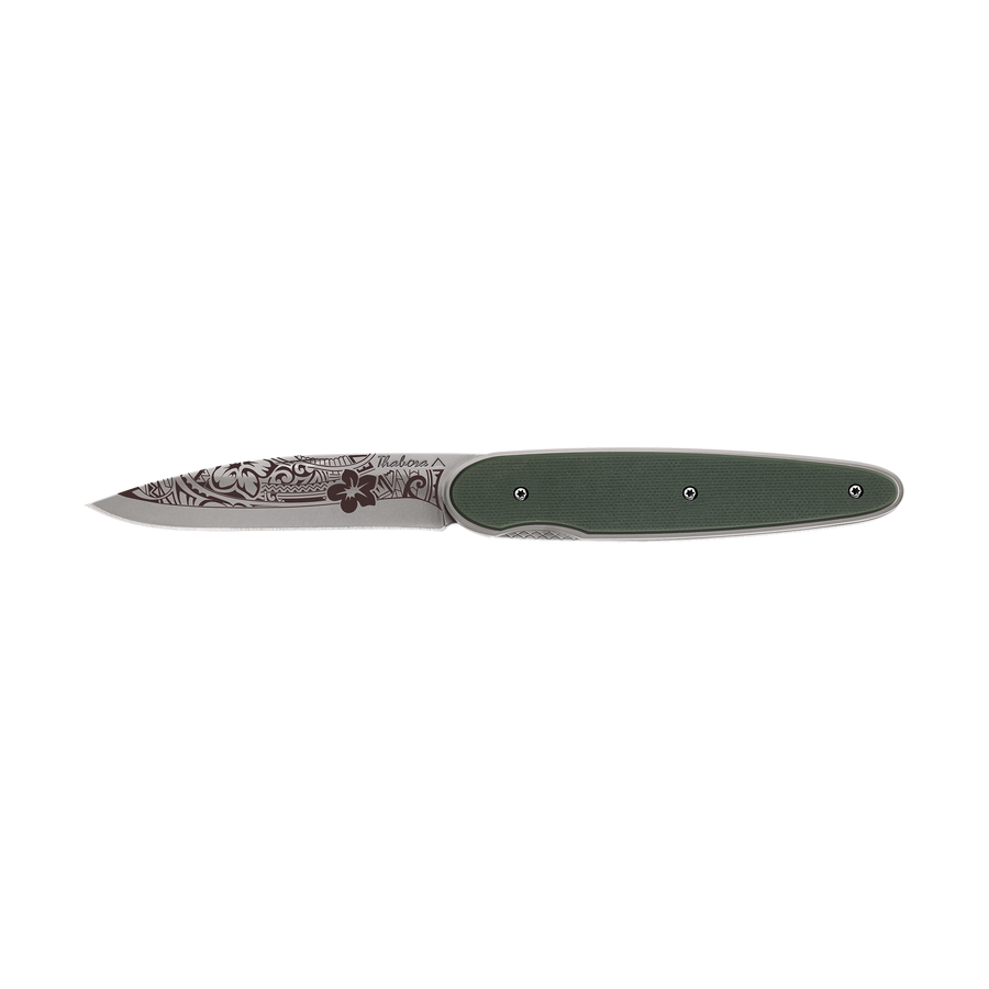 Couteau acier finition titane gris plaquette pleine résine g10 kaki motif «polynésien»