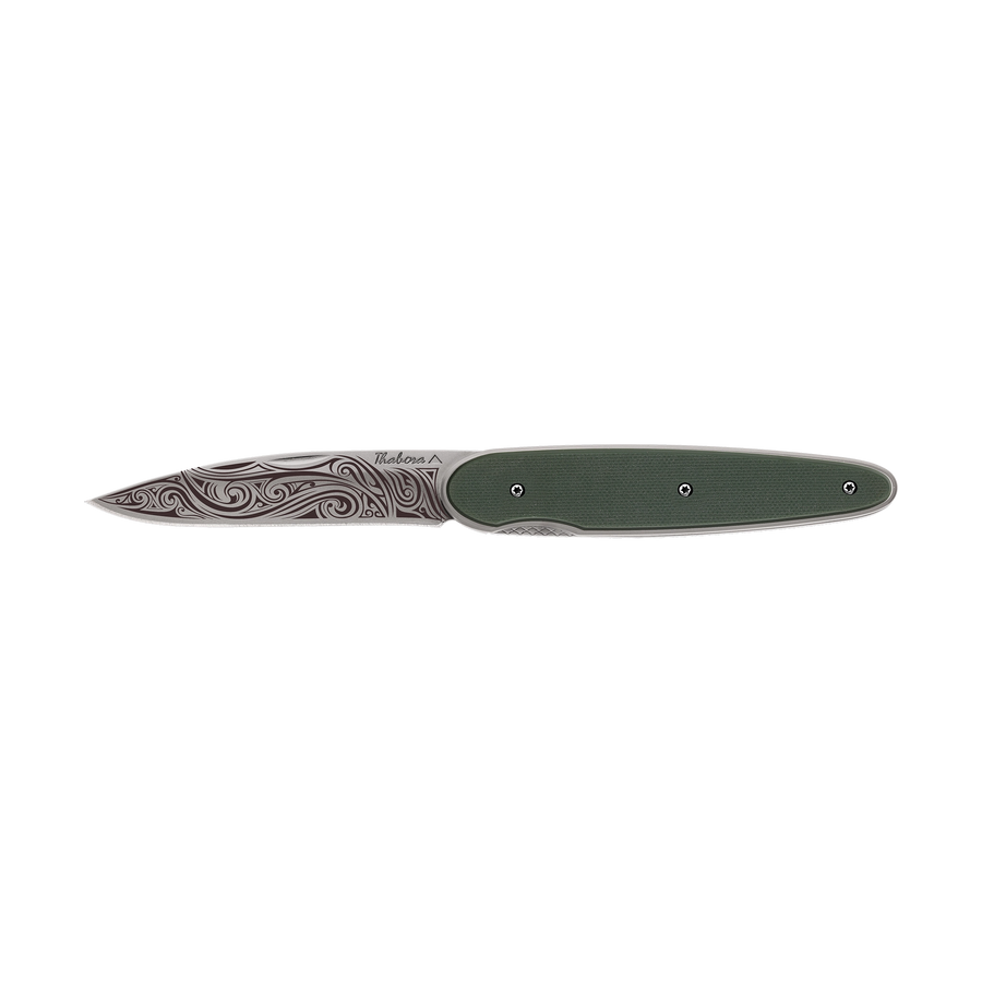 Couteau acier finition titane gris plaquette pleine résine g10 kaki motif «volutes»