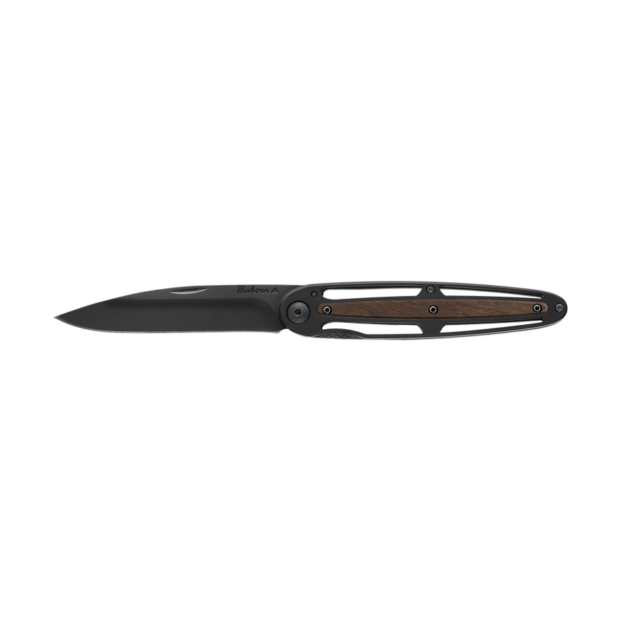 Couteau acier finition titane noir plaquette centrale bois foncé
