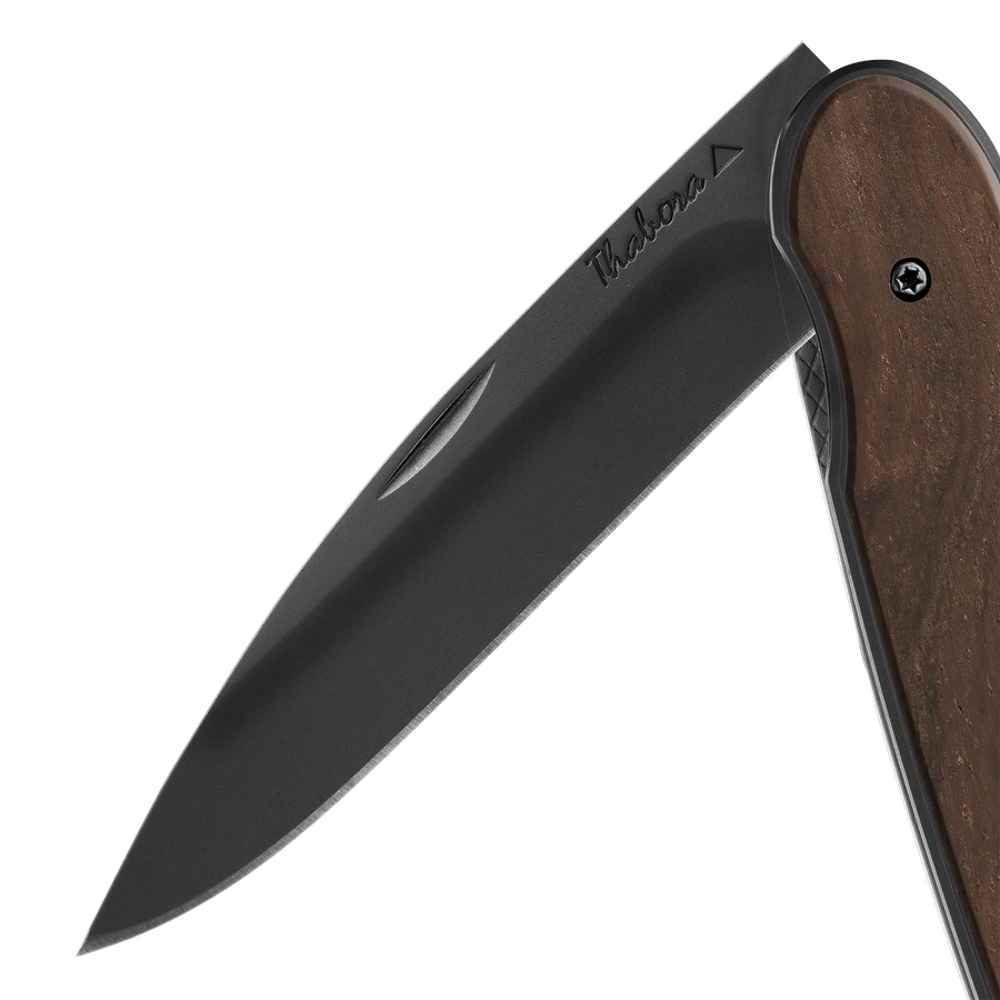 Couteau acier finition titane noir plaquette pleine bois foncé