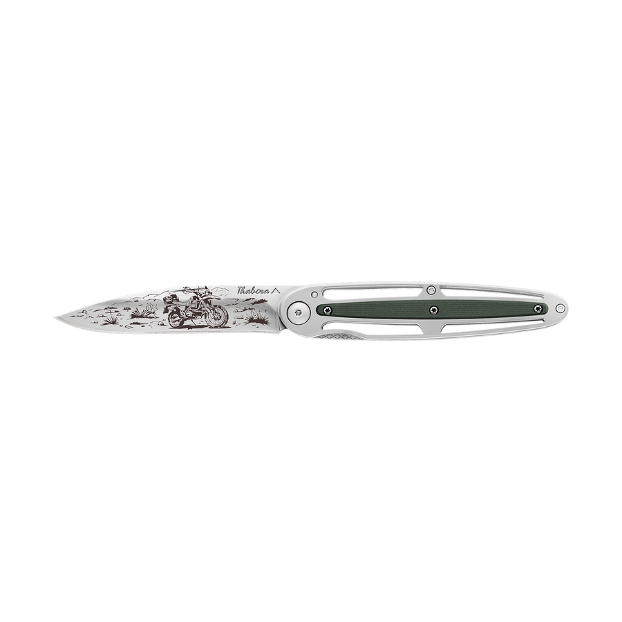 Couteau acier finition brillante plaquette centrale résine g10 kaki motif «trail»