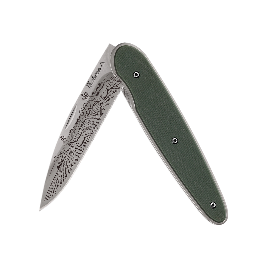 Couteau acier finition titane gris plaquette pleine résine g10 kaki motif «chevreuil»