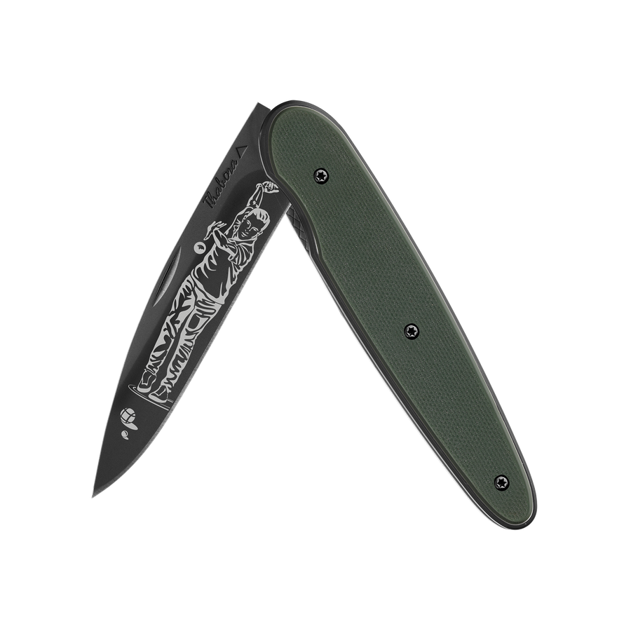 Couteau acier finition titane noir plaquette pleine résine g10 kaki motif «pétanque»