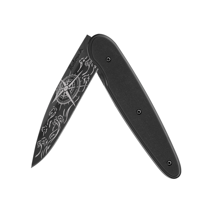 Couteau acier finition titane noir plaquette pleine résine g10 noir motif «navigation»
