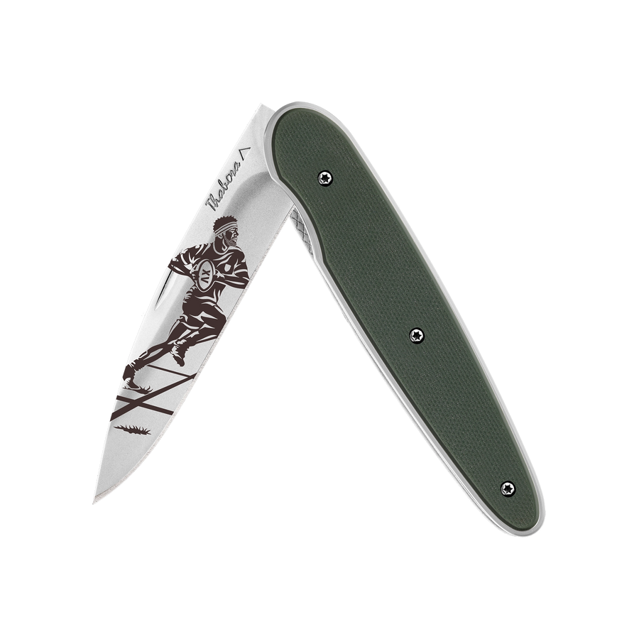 Couteau acier finition brillante plaquette pleine résine g10 kaki motif «rugbyman»