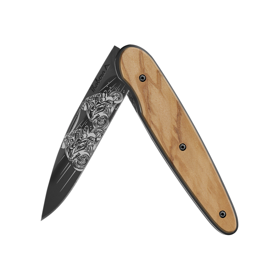 Couteau acier finition titane noir plaquette pleine bois clair motif «motos de course»