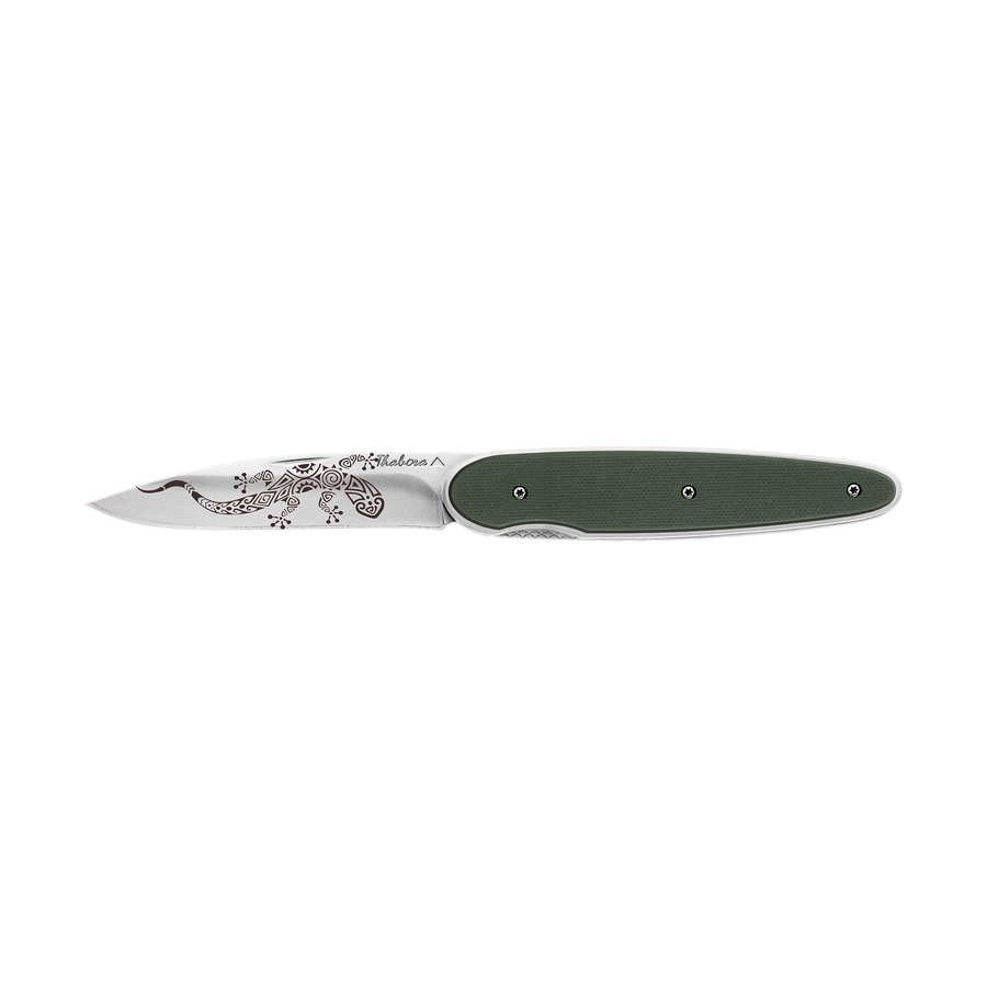 Couteau acier finition brillante plaquette pleine résine g10 kaki motif «salamandre tribale»