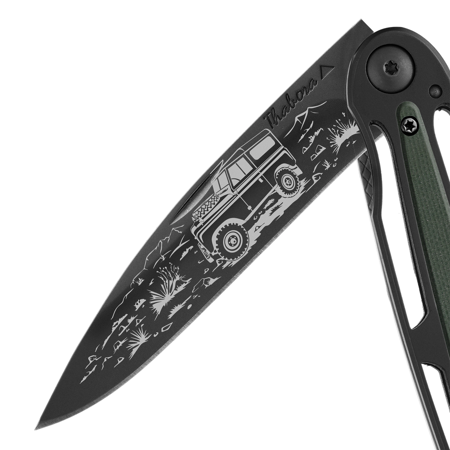 Couteau acier finition titane noir plaquette centrale résine g10 kaki motif «4x4»