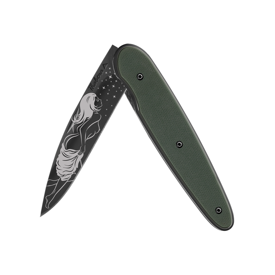 Couteau acier finition titane noir plaquette pleine résine g10 kaki motif «femme dénudée»