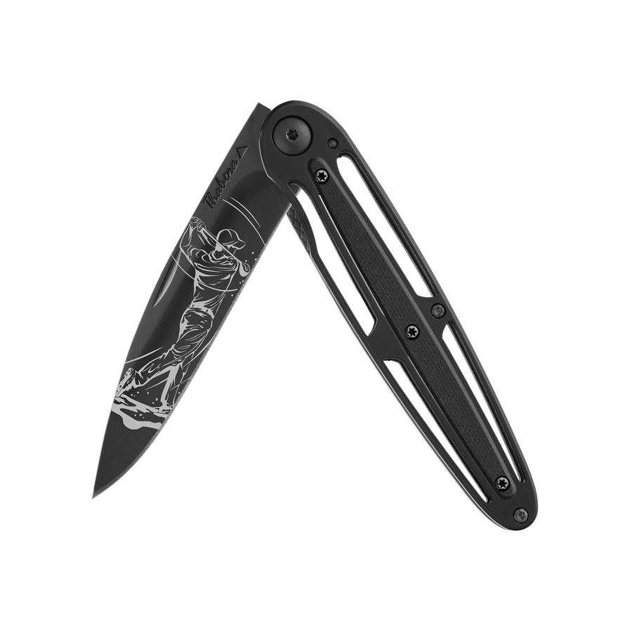 Couteau acier finition titane noir plaquette centrale résine g10 noir motif «golfeur»