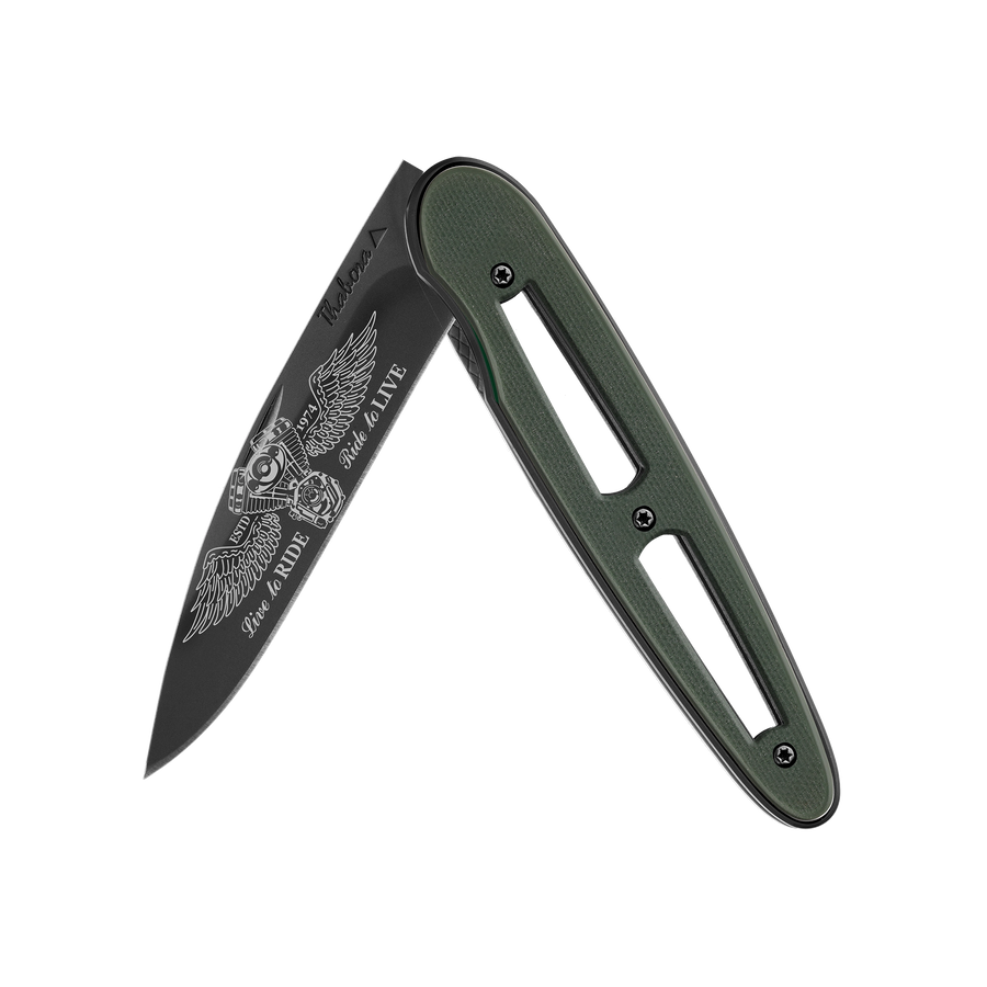 Couteau acier finition titane noir plaquette ajourée résine g10 kaki motif «biker ailes»